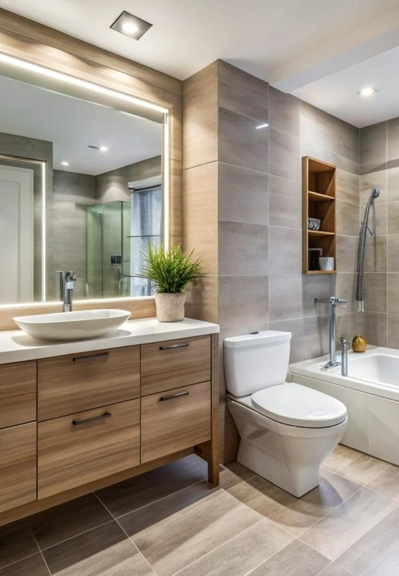Renovated bathroom with a wood vanity, large-format tile, and lit mirror